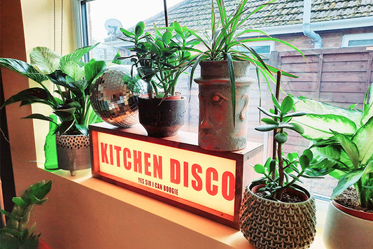 Potted house plants on a kitchen windowsill with a light up sign saying kitchen disco