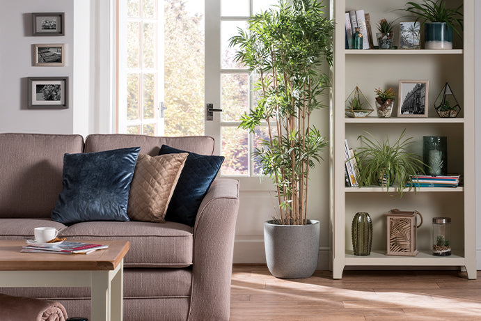 Living room with a light brown sofa dressed in navy blue cushions and a bookshelf in the background