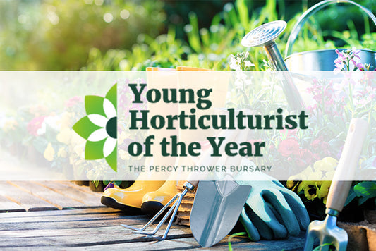 gardening tools background with a banner saying young horticulturalist of the year