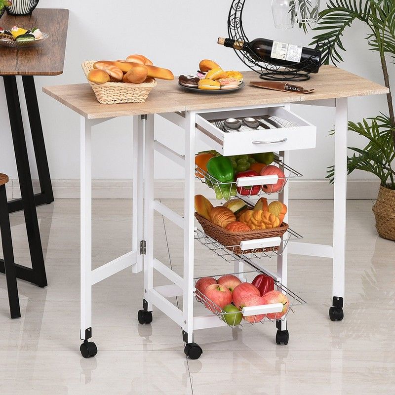 Wooden kitchen trolley with shelves and wheels, loaded with fruit and vegetables