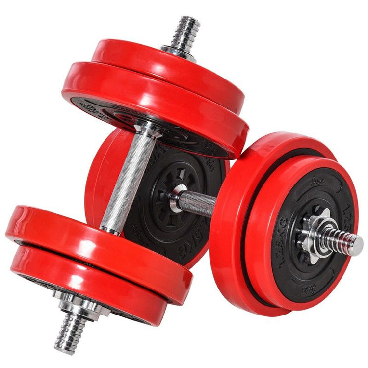 Red barbell and dumbbell set for ergonomic fitness