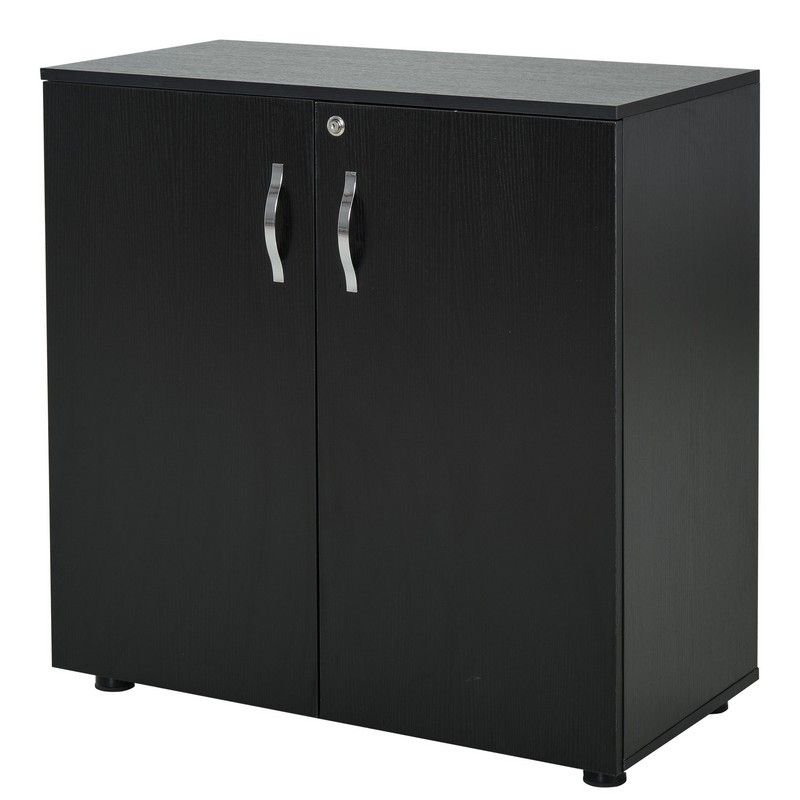 Black two door filing cabinet with a key lock