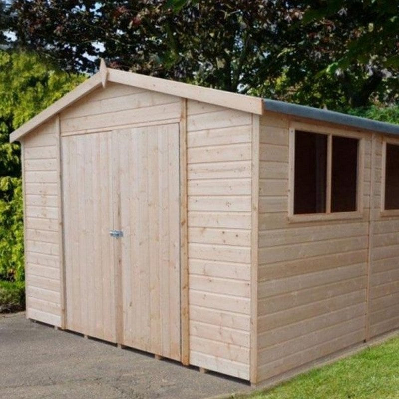 A sturdy metal garden shed placed on a patio