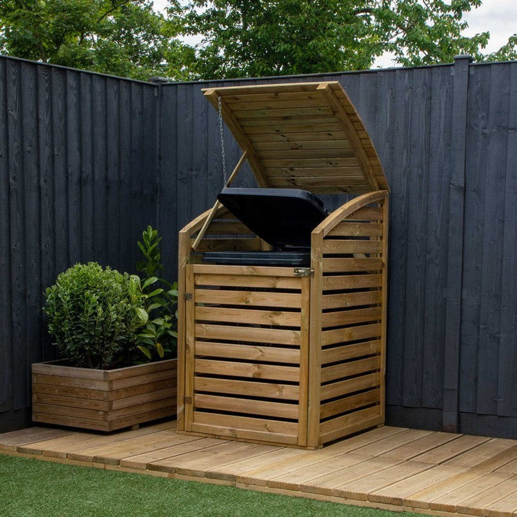 Wooden bin store on decking 