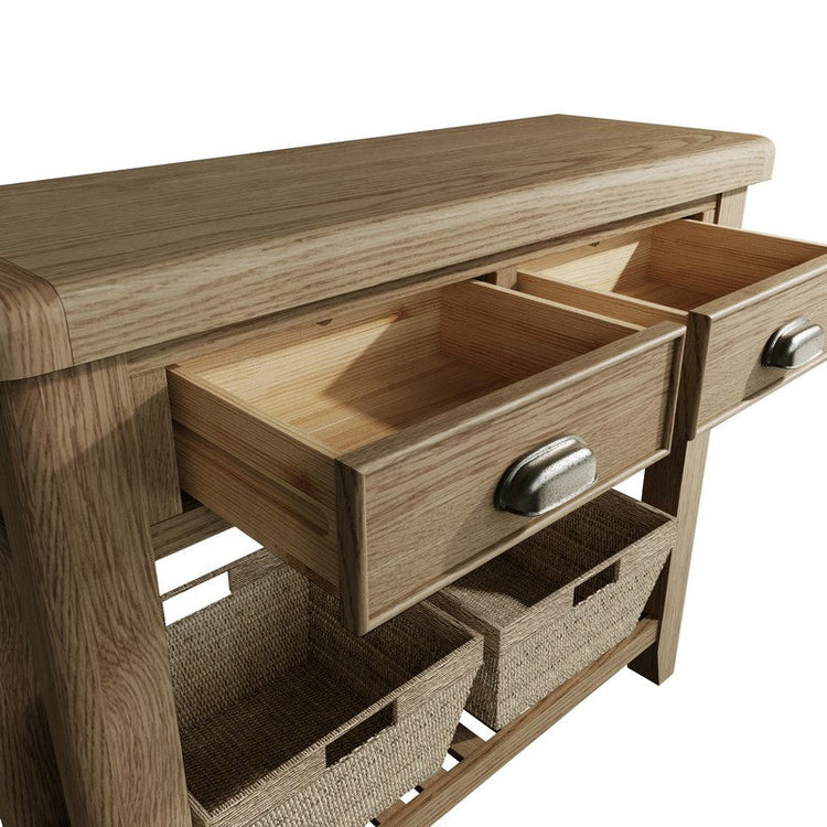 Oak side board with two drawers and a two baskets for storage