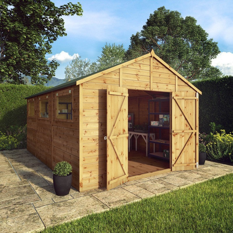 Garden shed on patio on a sunny day