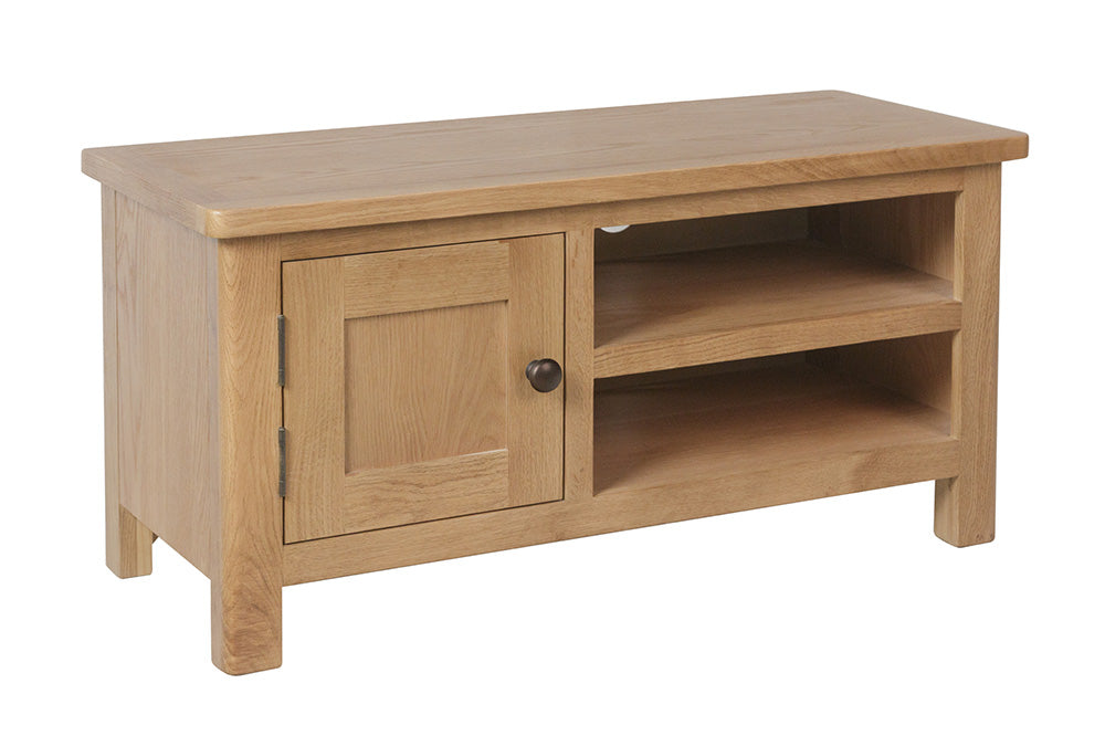 Solid oak tv unit with storage solutions, two shelves and one door