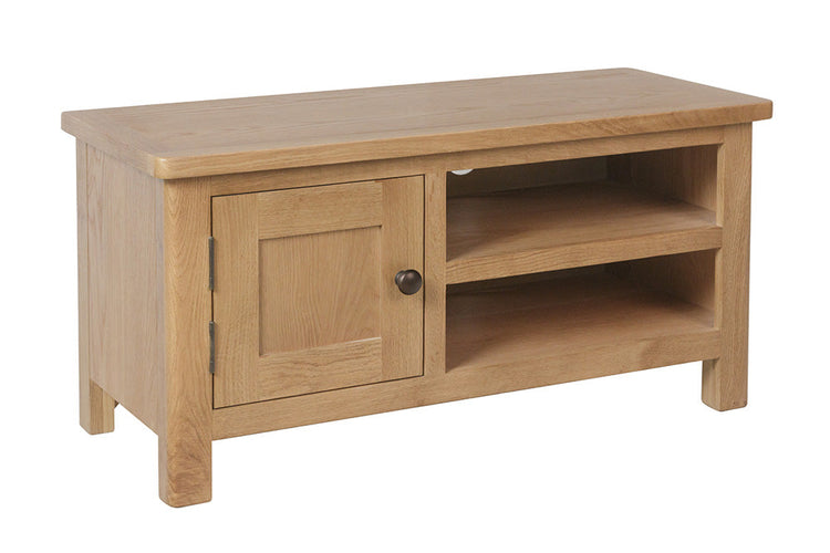 Solid oak tv unit with storage solutions, two shelves and one door