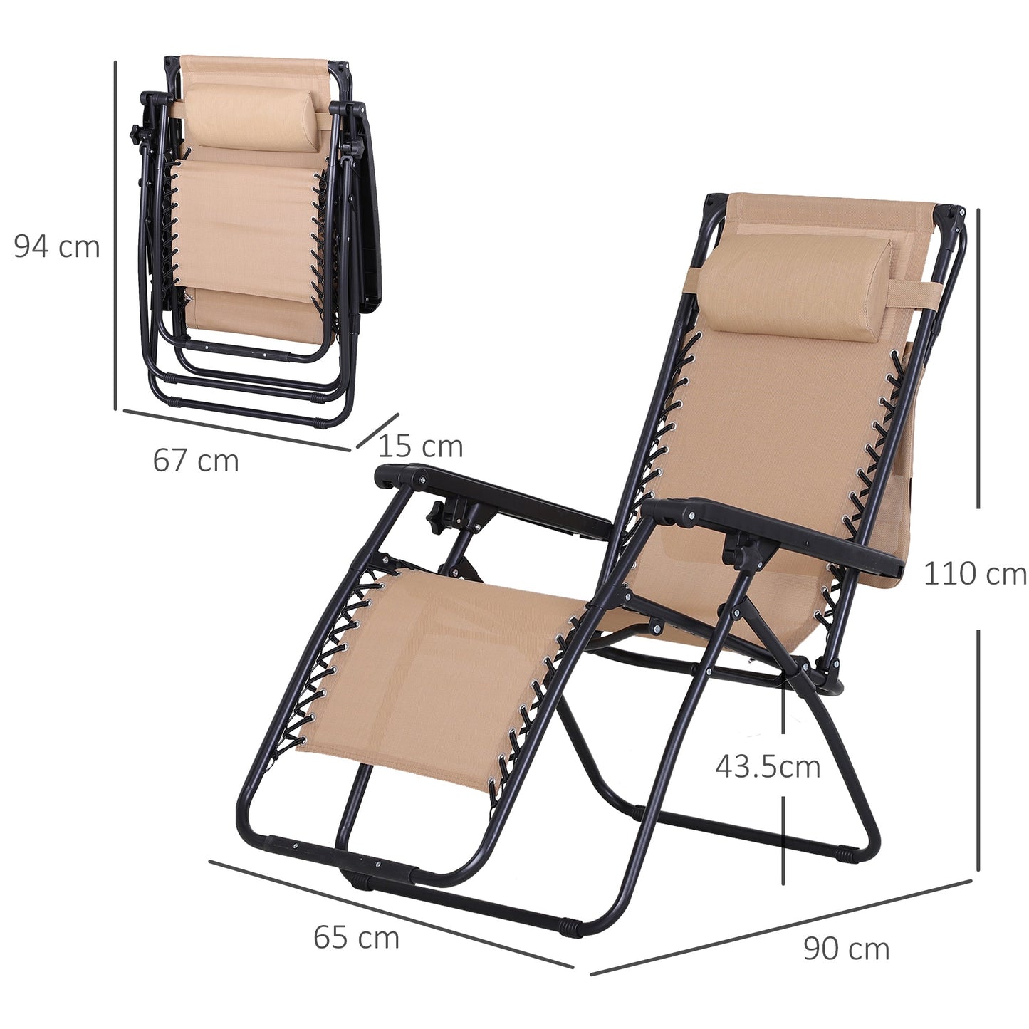 Zero Gravity Garden Deck Folding Chair Texteline Patio Sun Lounger Reclining Seat with Cup Holder & Canopy Shade - Beige