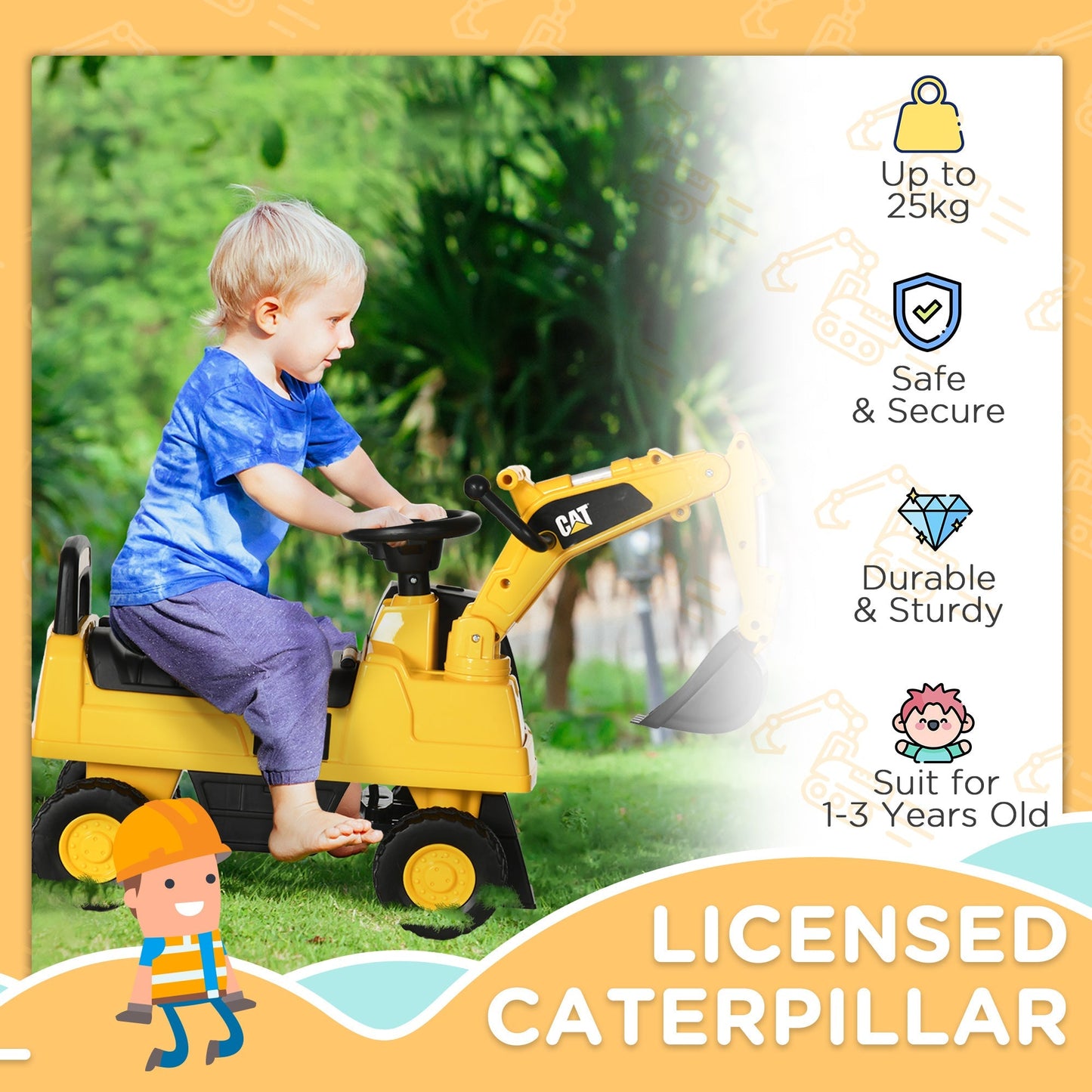 Licensed CAT Kids Ride on Digger Excavator with Manual Bucket