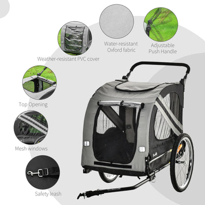 PawHut 2-In-1 Pet Bike Trailer Dog Stroller Pushchair with Universal Wheel Reflector Flag Grey