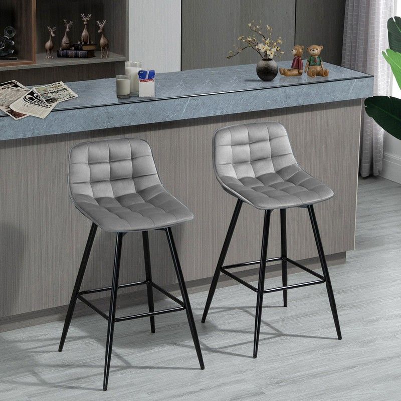 Homcom Set Of 2 Bar Stools Velvet-Touch Dining Chairs Kitchen Counter Chairs Fabric Upholstered Seat With Metal Legs