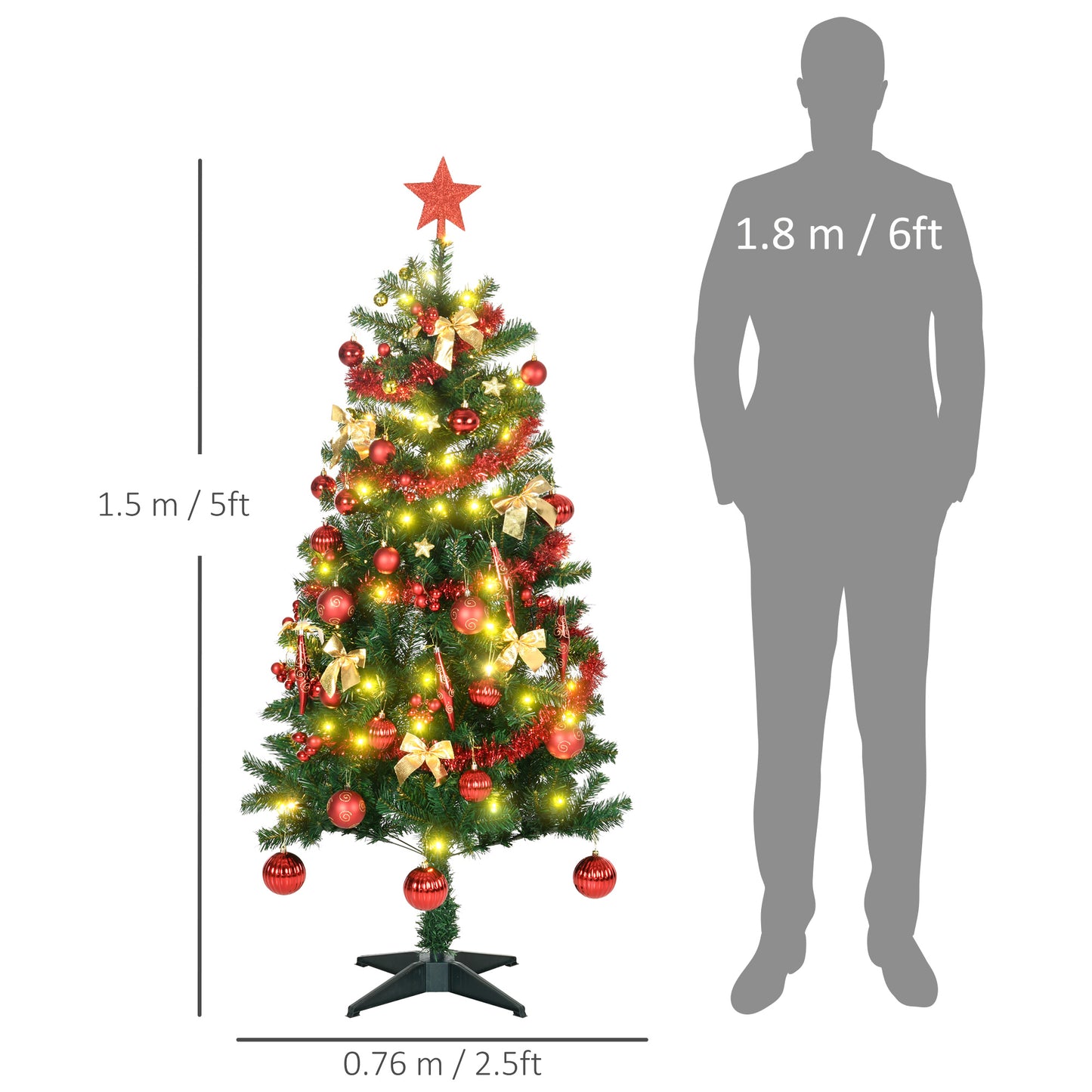 5ft Decorated Christmas Tree Artificial - with LED Lights Warm White 360 Tips