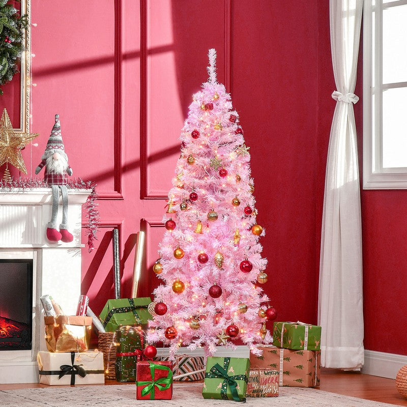 Homcom 7ft Prelit Christmas Tree Artificial - Pink with LED Lights Warm White 818 Tips