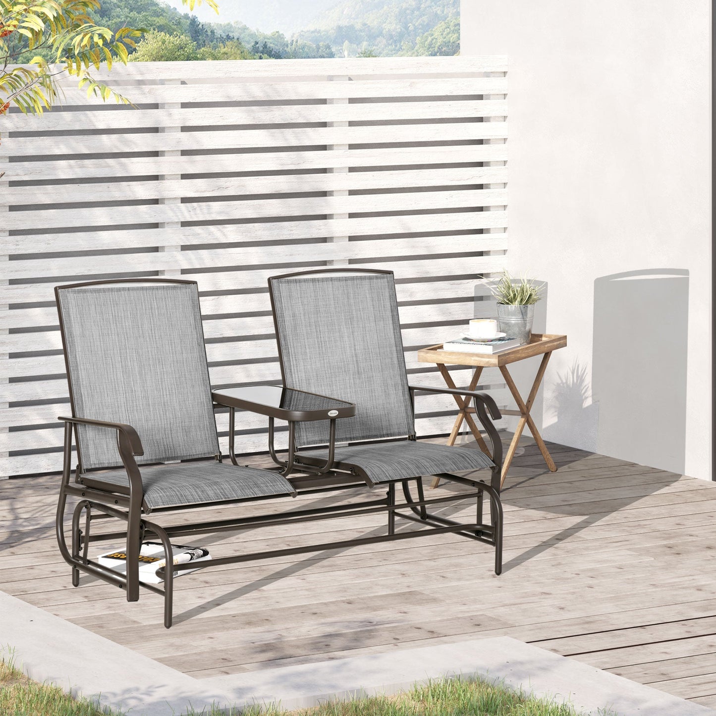 2 Seater Metal Double Swing Chair Glider Rocking Chair Seat Outdoor Seater Garden Furniture Patio Porch With Table Grey