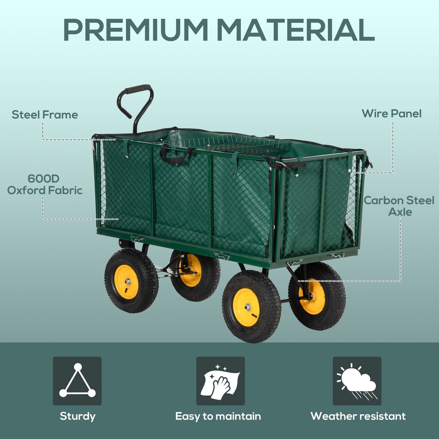 Large 4 Wheel Heavy Duty Garden Cart Truck Trolley Wheelbarrow with Handle and Metal Frame - Green