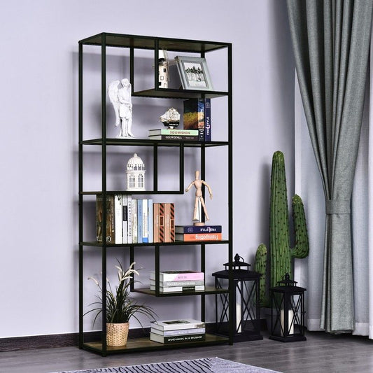 Homcom Homcom Wood Shelf Bookcase Industrial Style Stand 6-Staggered Shelf Living Room Display Rack Organiser