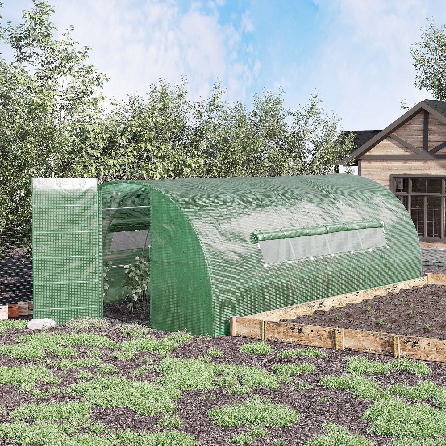 Reinforced Walk-In Polytunnel Greenhouse with Metal Hinged Door