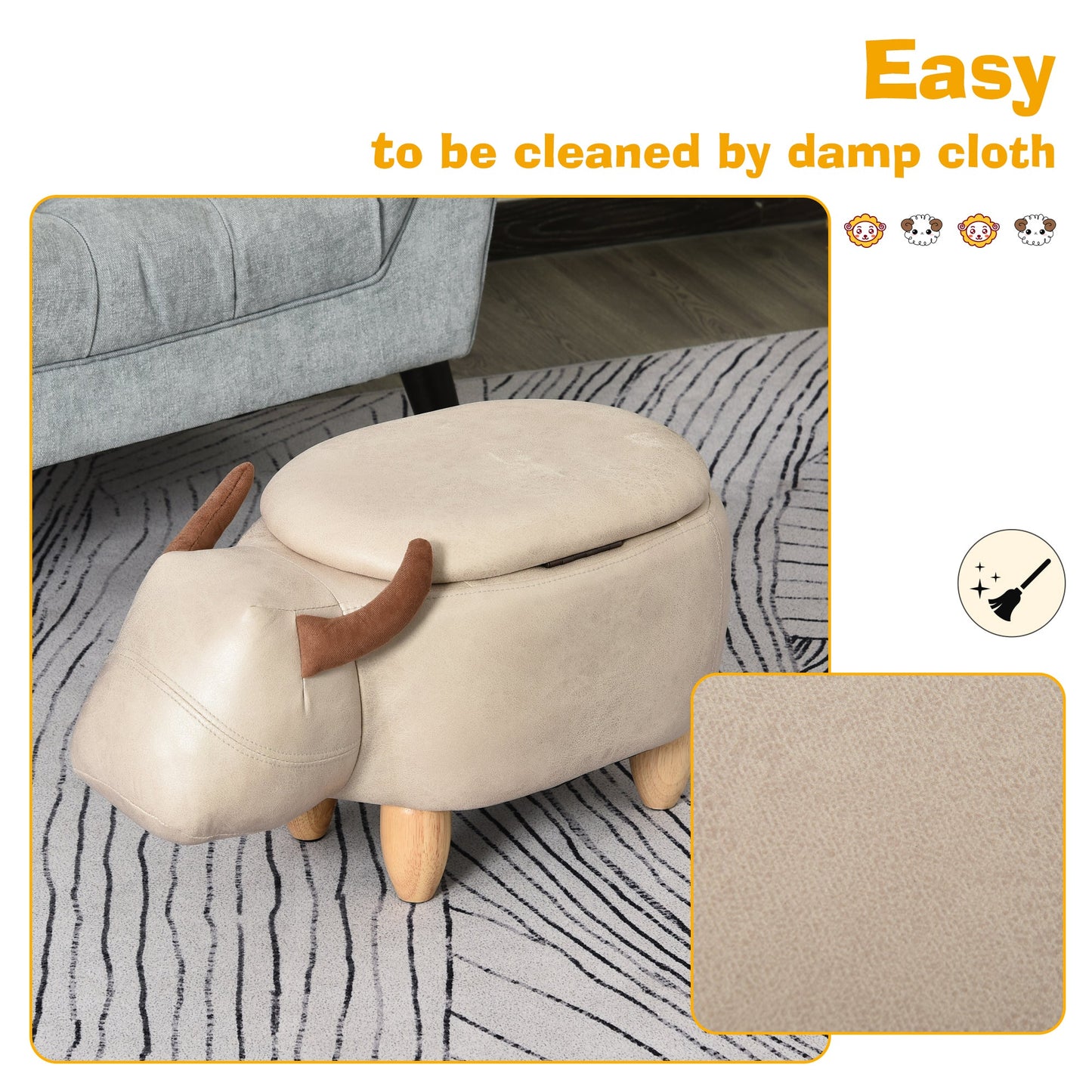 Animal footstool Buffalo Storage Stool Cute Kids Decoration Wood Frame Legs w/Padding Lid Ottoman Furniture Ivory