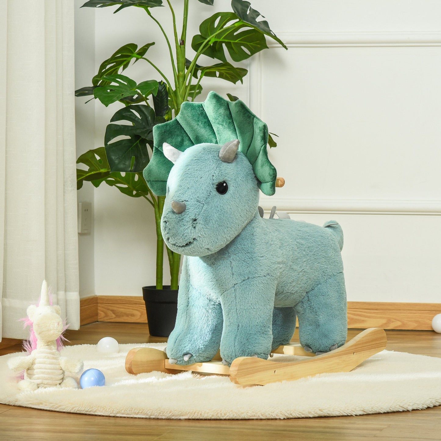 Kid Plush Ride-On Rocking Horse Triceratops-shaped Toy Rocker Realistic Sound