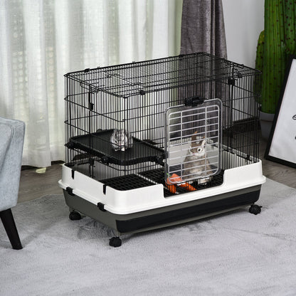 PawHut 2 Tier Rolling Small Animal Rabbit Cage Chinchillas Hutch Pet Play House with Platform Ramp Removable Tray 80 x 52.7 x 66 cm