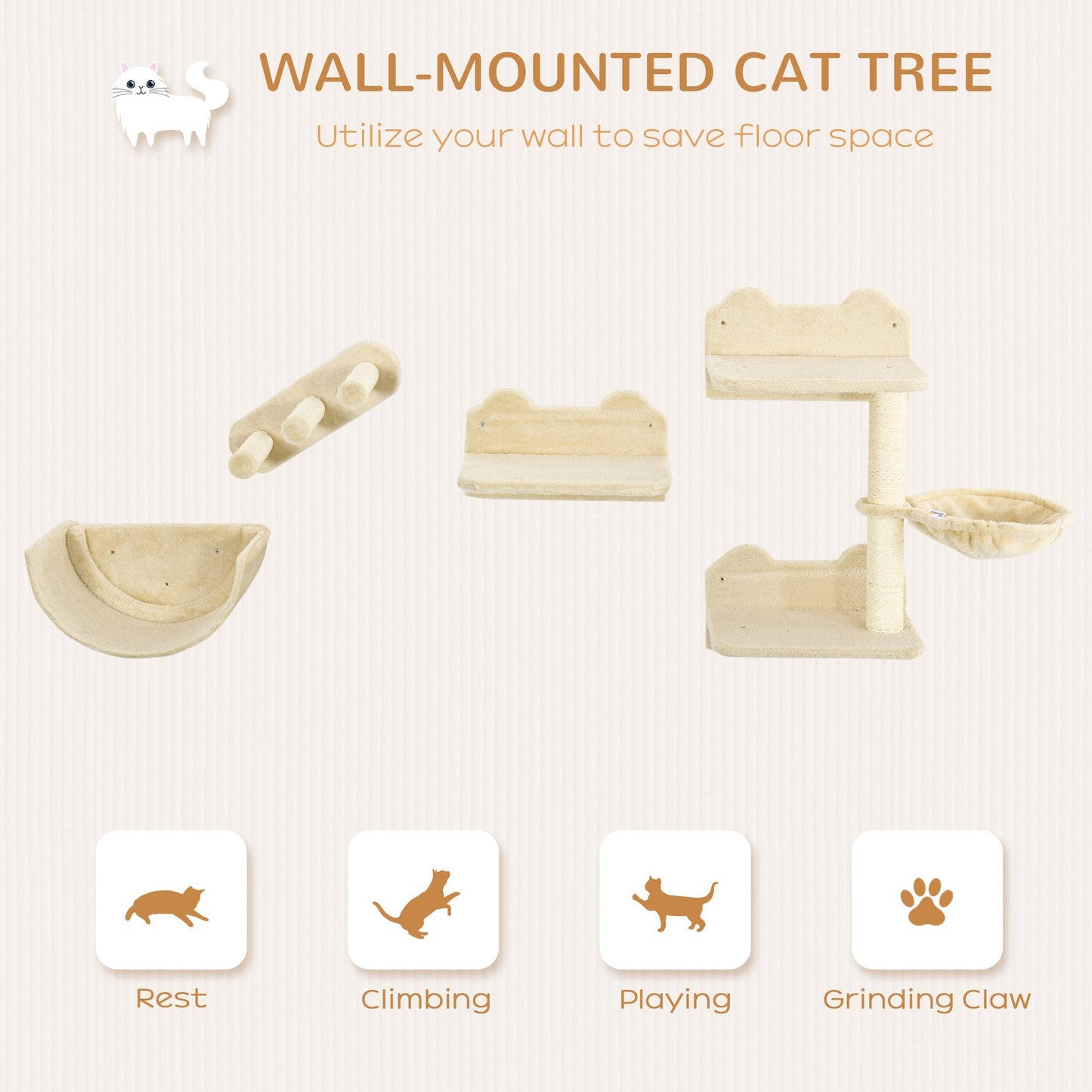 PawHut 4PCs Wall-Mounted Cat Shelves w/ Scratching Post