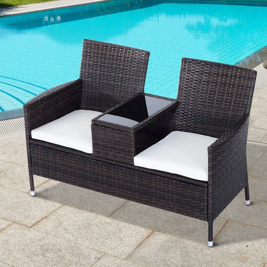 Outsunny Outsunny 2-Seater Rattan Chair Furniture Set With Middle Tea Table-Brown