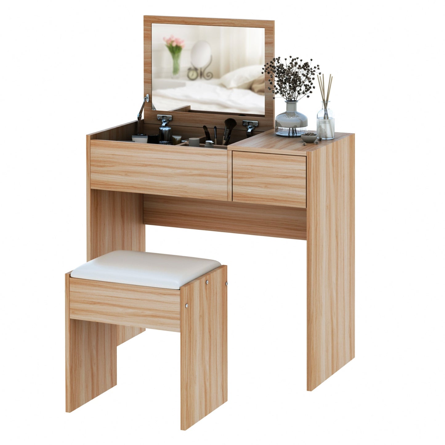 Chipboard Dressing Table Set Cushioned Stool Flip-up Mirror Drawer Wood Grain Colour