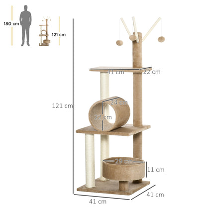 PawHut 121cm Cat Tree Tower for Indoor Cats Kitten Activity Centre Scratching Post with Bed Tunnel Perch Interactive Ball Toy Brown