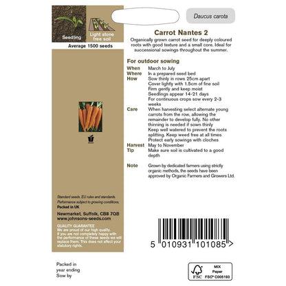 Johnsons Organic Carrot Nantes 2 Seeds