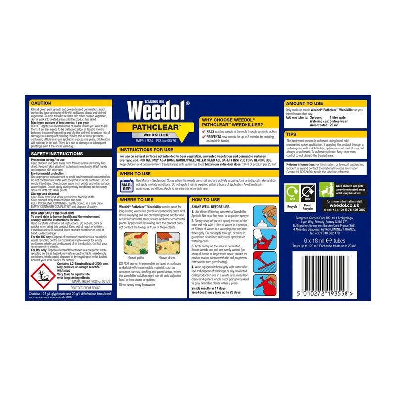 Weedol Weedol 6 Pack 18ml Pathclear Weed Killer Tubes - 120 Square Metres Coverage