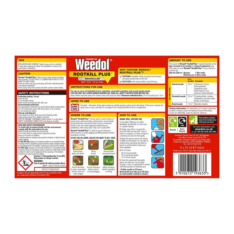 Weedol Weedol 6 Pack Rootkill Tubes Weed Killer - 180 Square Metres Coverage