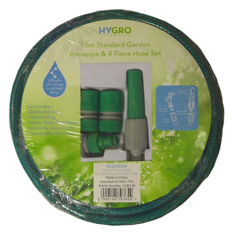 Hygrow Hygro 15m Standard Garden Hosepipe & 4 Piece Hose Set