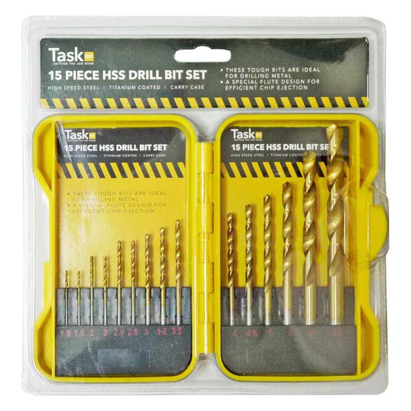 Task DIY 15pce HSS Twist Drill Bit Set Yellow Case