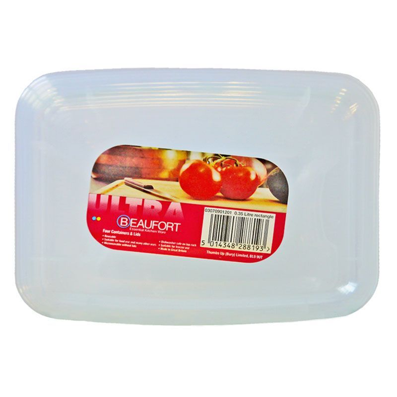 Beaufort 4 x Plastic Food Containers Rectangle 350ml - Clear by Beaufort