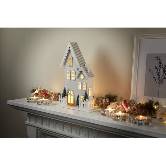 Wood Glitter House Christmas Decoration 10 LED Warm White - 30cm by Astralis