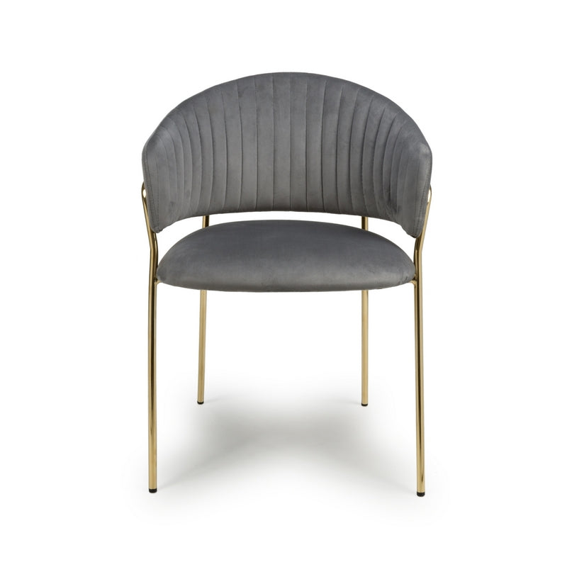 Shankar Pair of Contemporary Dining Chairs Grey Vertical Stitch - Gold Legs