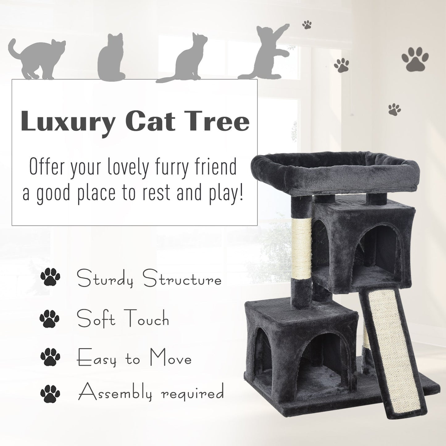 PawHut Cats 3-Tier Sisal Rope Leisure Tree Dark Grey