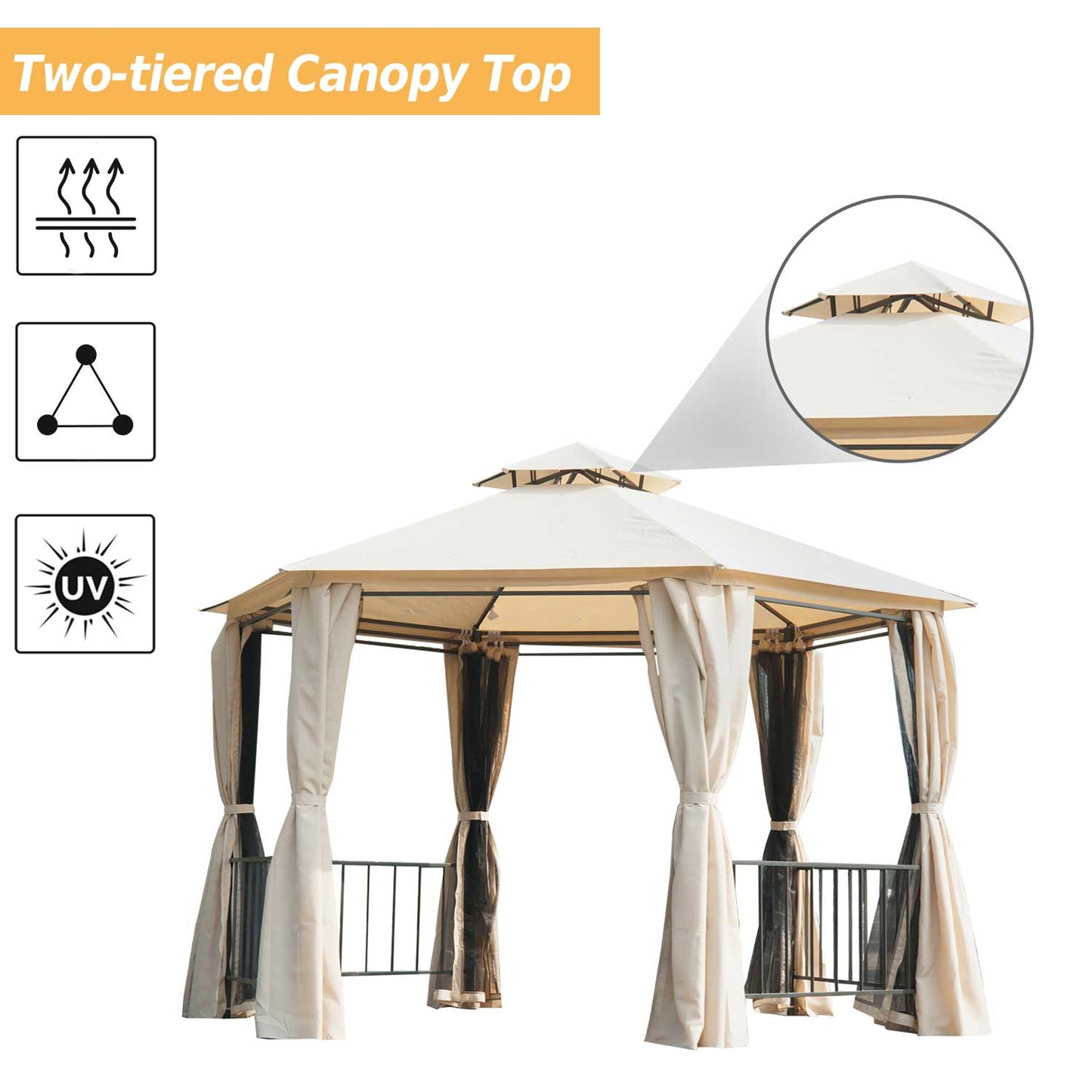 Outsunny 3 X 3M Hexagon Gazebo Patio Canopy Party Tent Outdoor Garden Shelter With 2 Tier Roof & Side Panel - Beige