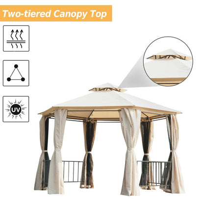 Outsunny 3 X 3M Hexagon Gazebo Patio Canopy Party Tent Outdoor Garden Shelter With 2 Tier Roof & Side Panel - Beige