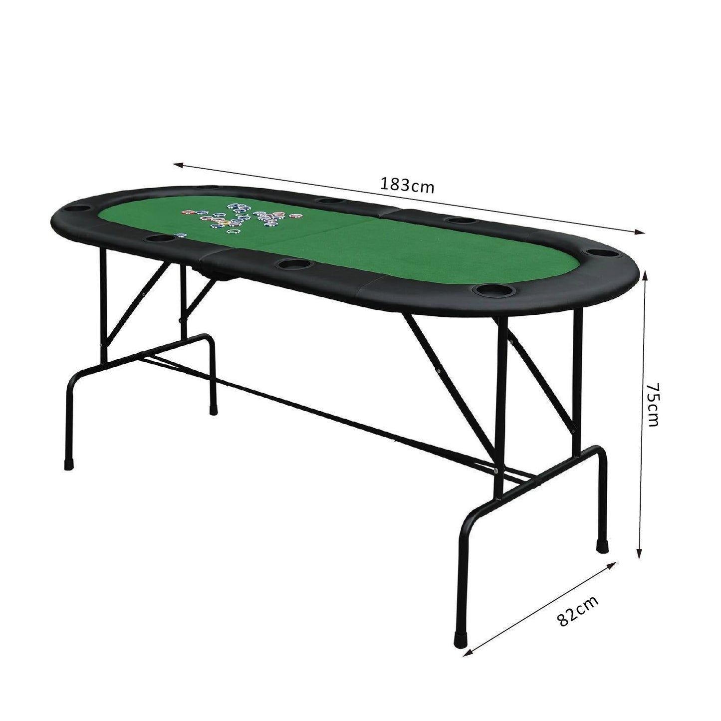 Poker Table 1.85m Folding Top for 8 Players Casino with Chip Trays Drink Holders