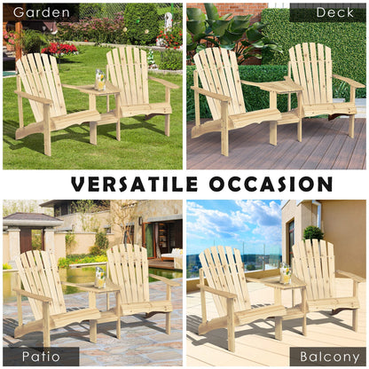 Wooden Outdoor Double Adirondack Chairs Loveseat w/ Center Table and Umbrella Hole