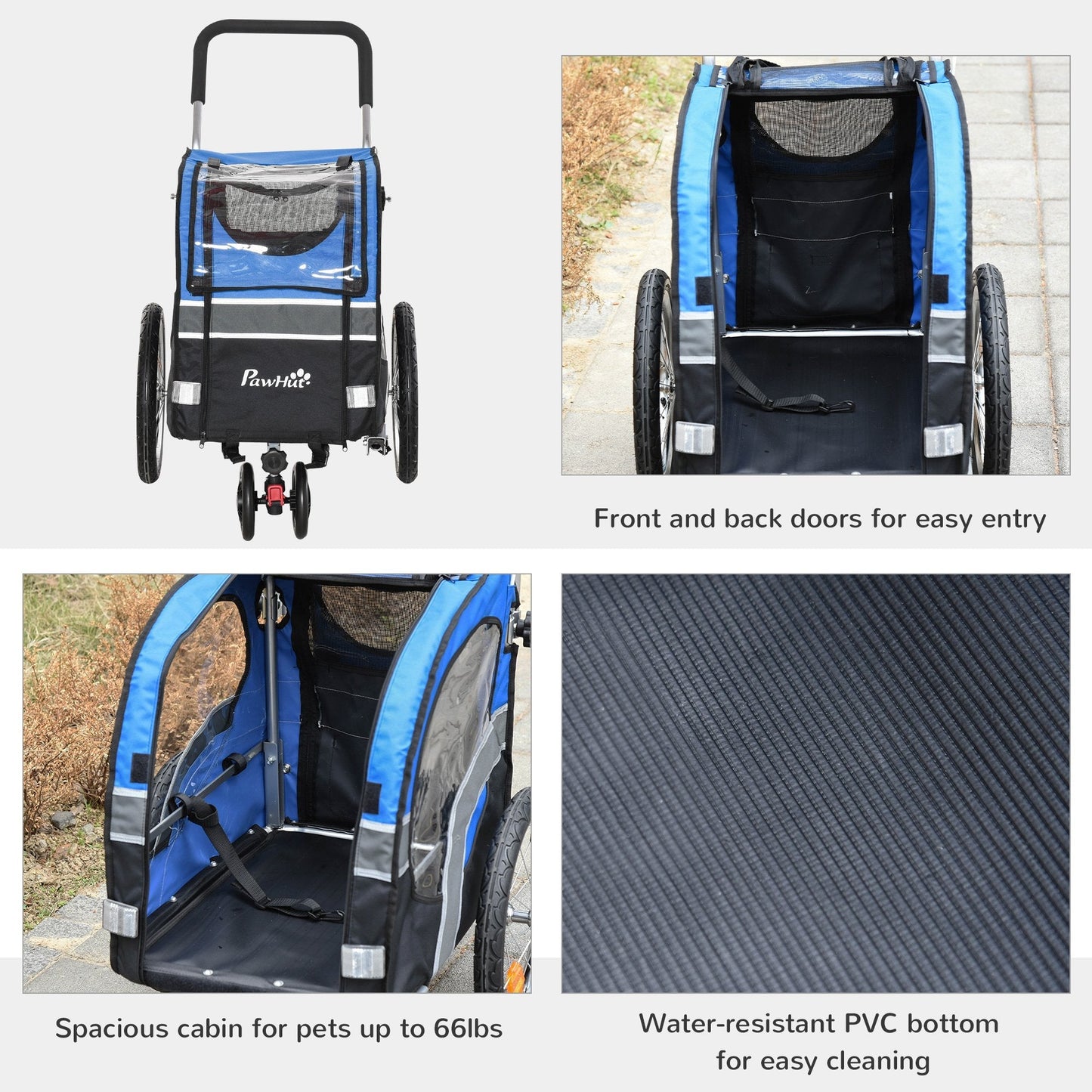 PawHut 2-in-1 Dog Bike Trailer Pet Stroller Carrier Pushchair Reflector Flag 130x58x94cm