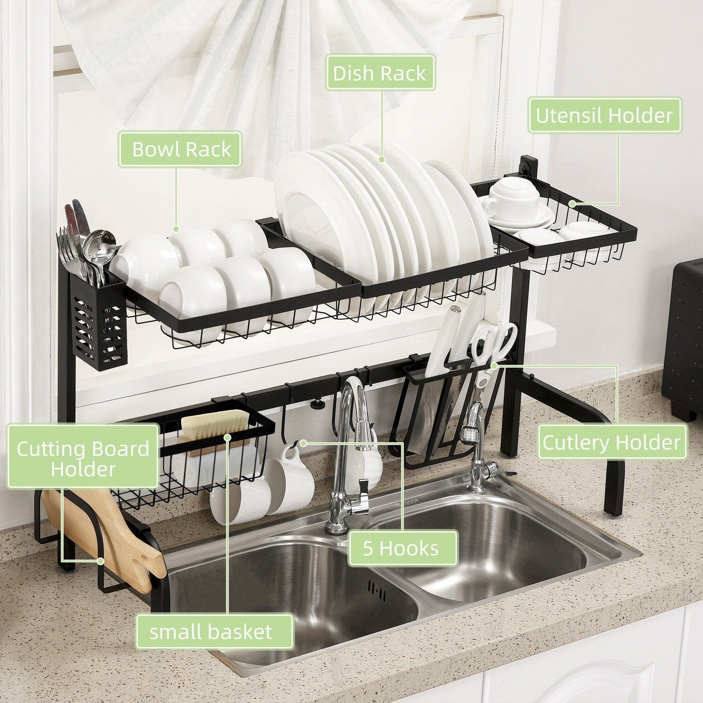 Space Saving 2 Tier Adjustable Dish Drainer Over The Sink Dish Drying Rack