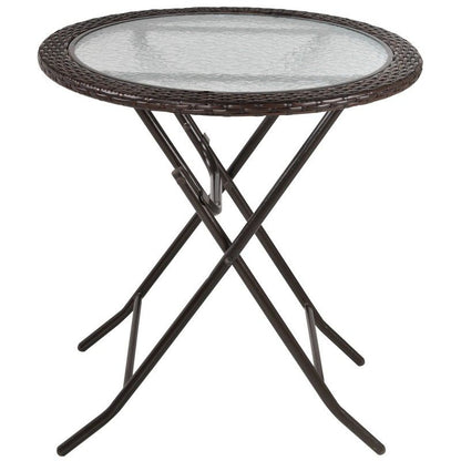 Outsunny Outsunny Folding Round Tempered Glass Metal Table with Brown Rattan Edging