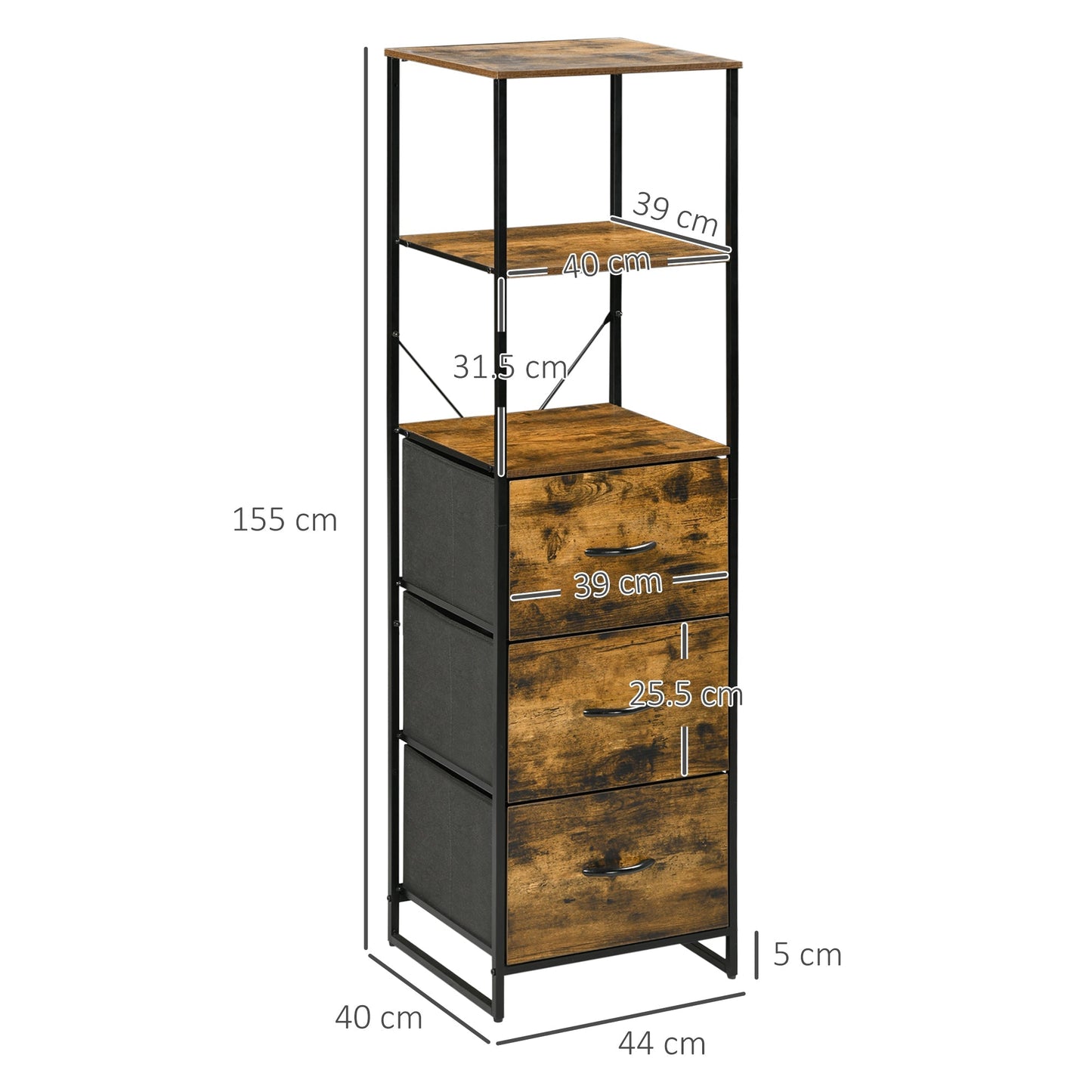 Industrial Storage Cabinet with 2 Open Shelves and 3 Foldable Fabric Drawers