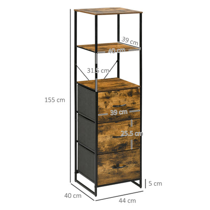 Industrial Storage Cabinet with 2 Open Shelves and 3 Foldable Fabric Drawers