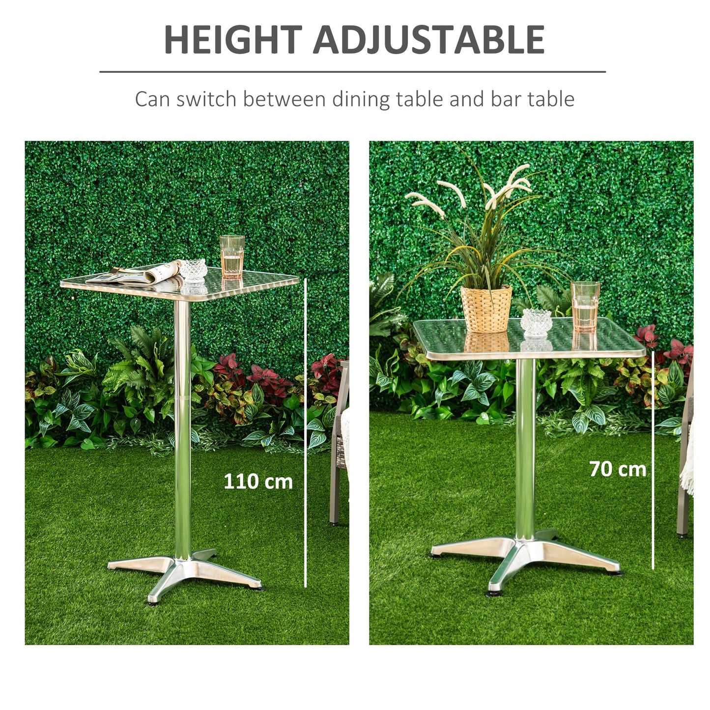 Height Adjustable Bistro Table Pub Bar Square Table Stainless Steel Top Aluminium Edge 60 x 60cm