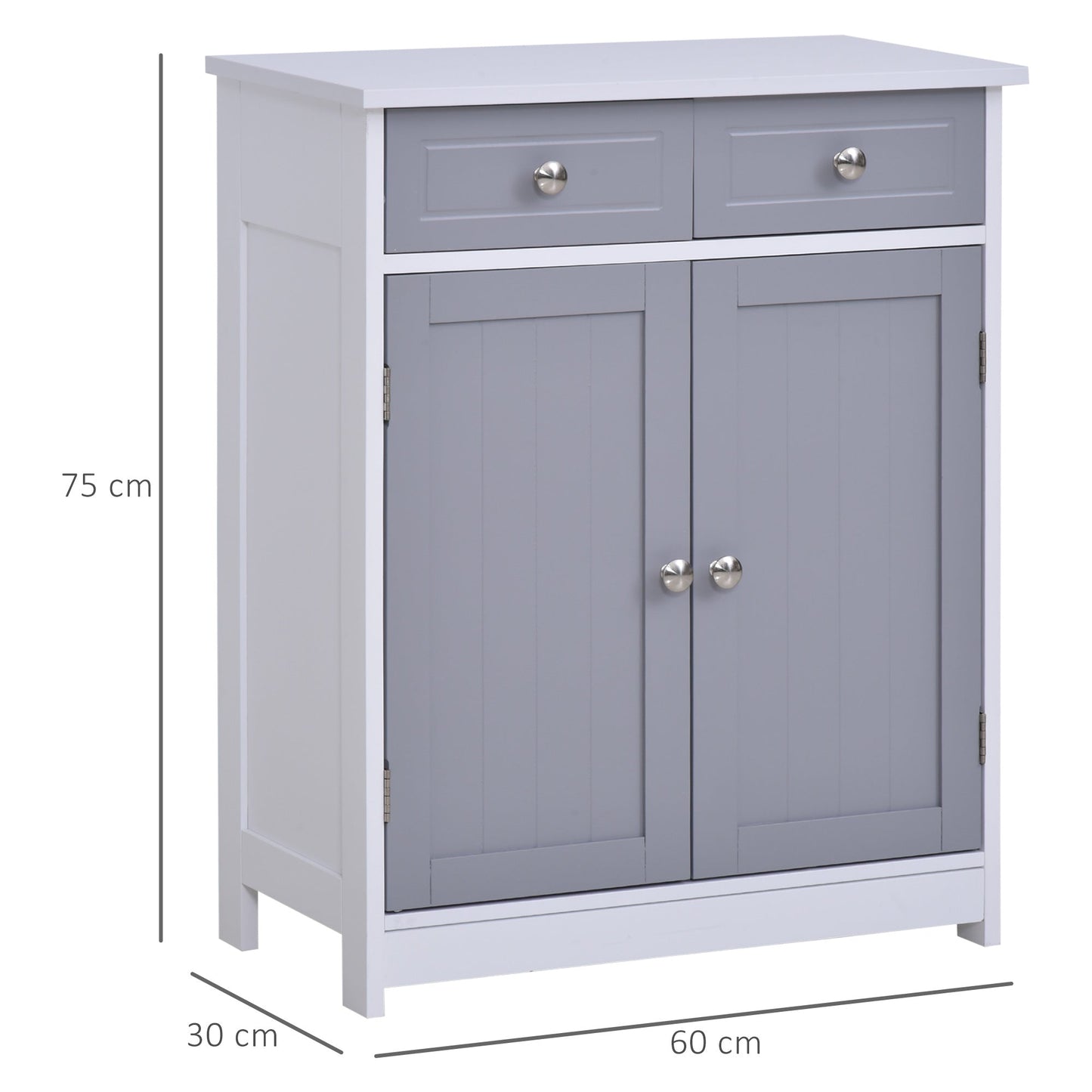 Kleankin 75X60cm Freestanding Bathroom Storage Cabinet Unit W/ 2 Drawers Cupboard Adjustable Shelf Metal Handles Traditional Style Grey White