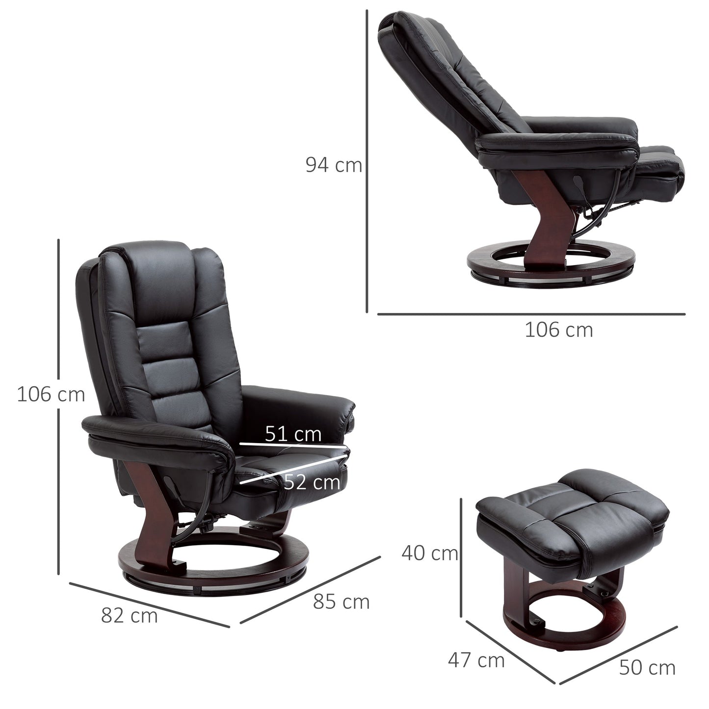 Manual Recliner and Footrest Set PU Leather Leisure Lounge Chair Armchair with Swivel Wood Base